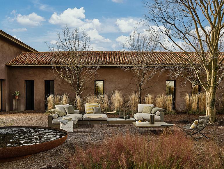 Outdoor setup in the courtyard of a farmhouse