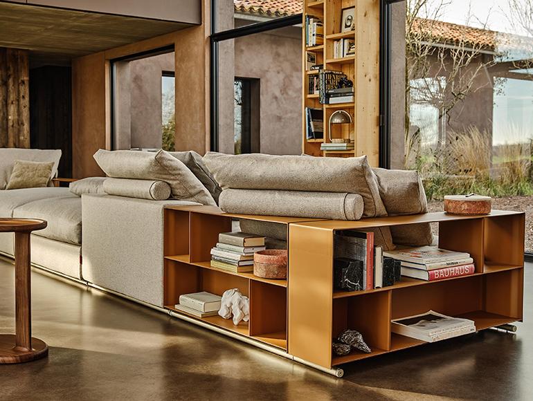 Detail of the leather storage armrest of the Groundpiece sofa